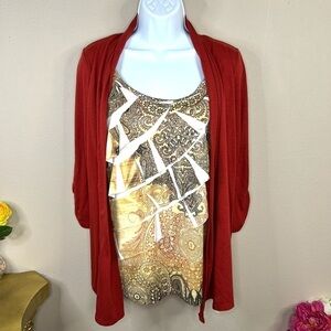 M AB Studio Sweater Set Shrug Built In Blouse Stretch Paisley 8 10